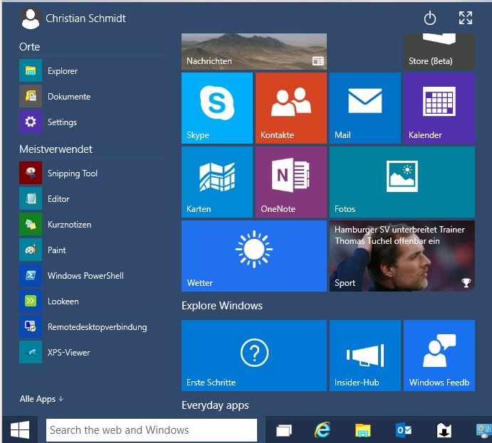 Windows 10 start menu screenshot in english