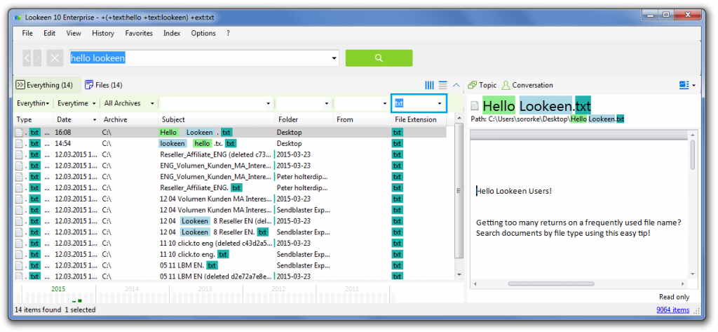 Screenshot of Lookeen 10 showing file type menu