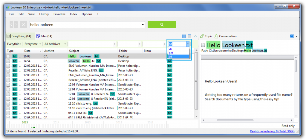 Screenshot of Lookeen 10 showing file type dropdown menu