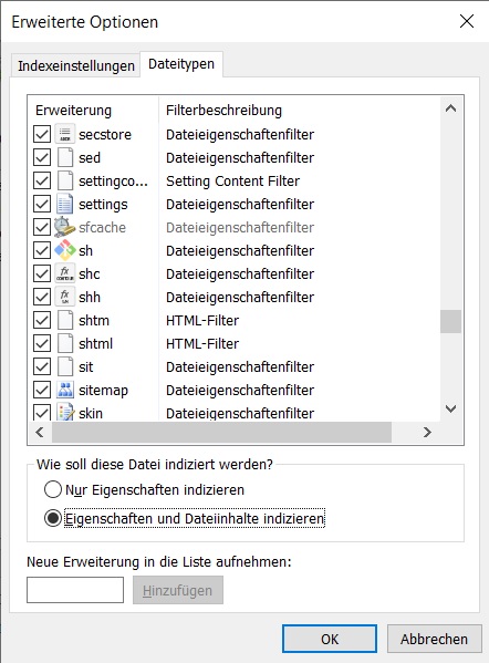 Indizierungsoptionen