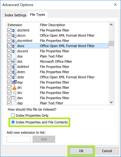 windows search in files change indexing options