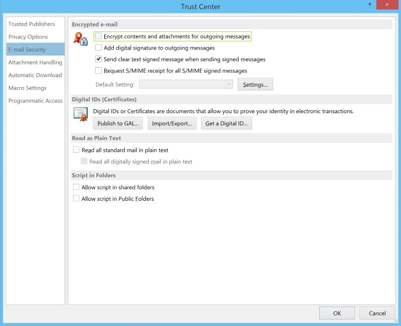 Screenshot of Outlook trust center 2103