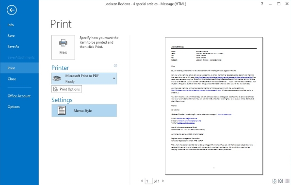 Print email to pdf in Outlook screenshot
