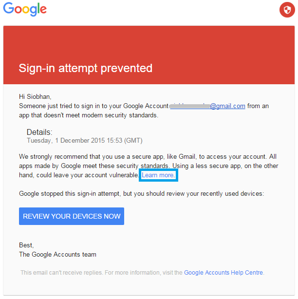 Google block - sign in attempt prevented email