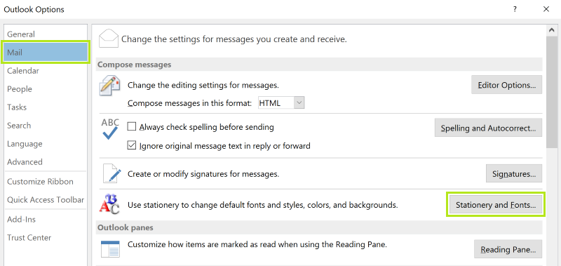 change font size in outlook mail folders