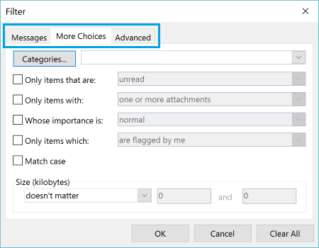 formatting advanced filters Outlook 2013
