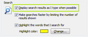 Outlook 2007 Instant Search display results