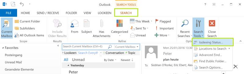 outlook instant search not working 2013