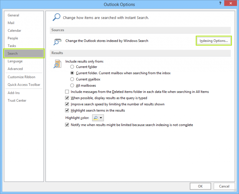 Outlook 2016 indexing options