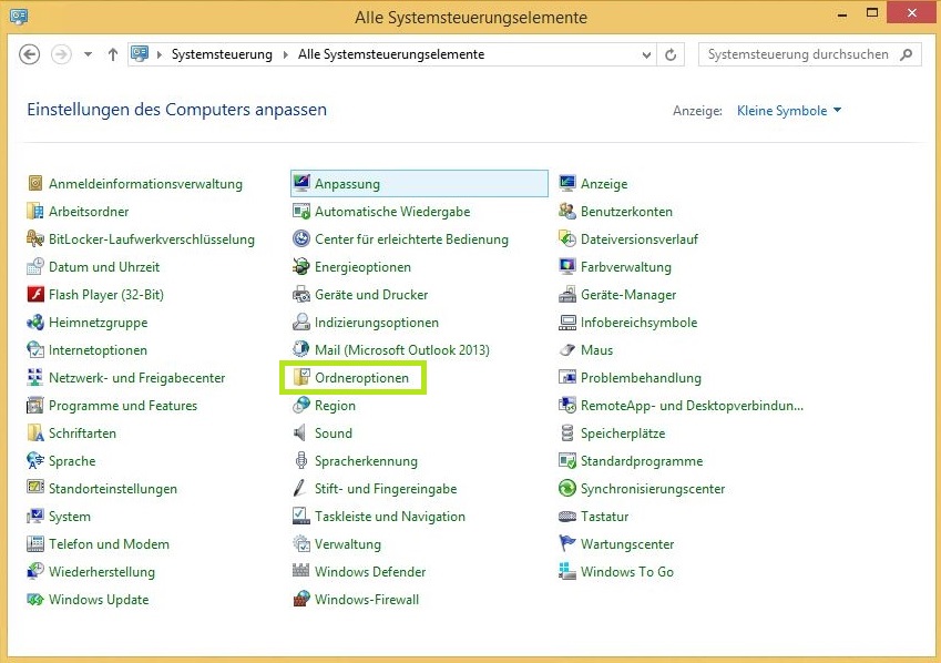 Ordneroptionen in der Systemsteuerung von Windows 8