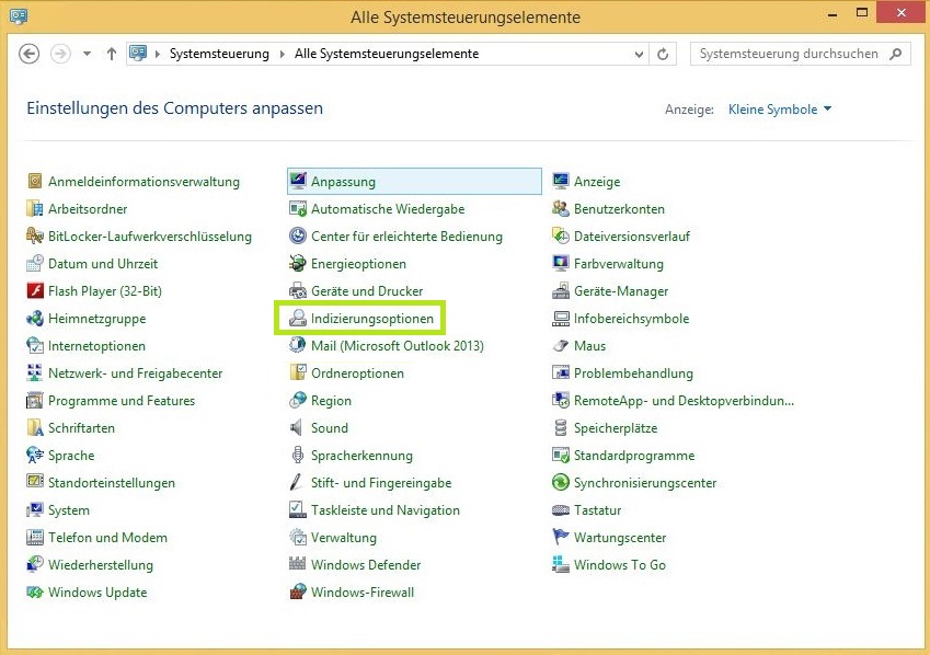 Indizierungsoptionen Systemsteuerung Windows 8