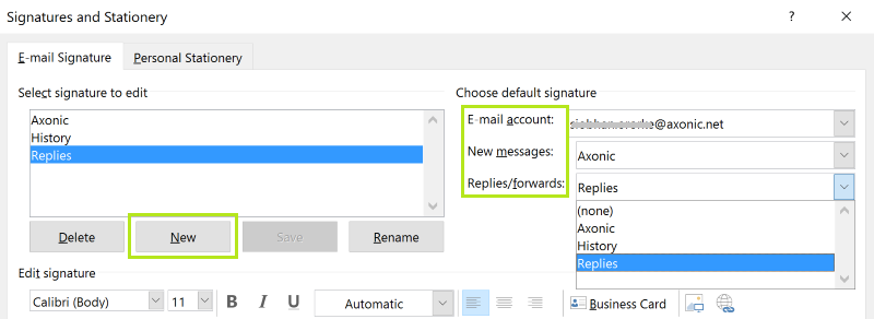 create a new signature in Outlook