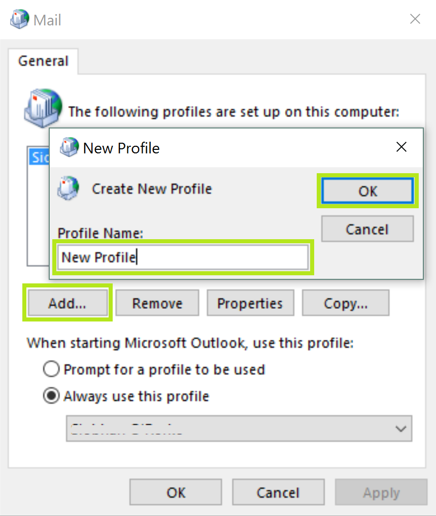 Add new profile Outlook