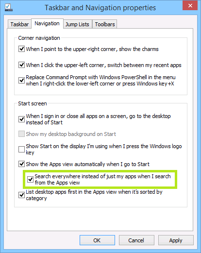 Search everywhere from apps view windows 8 search