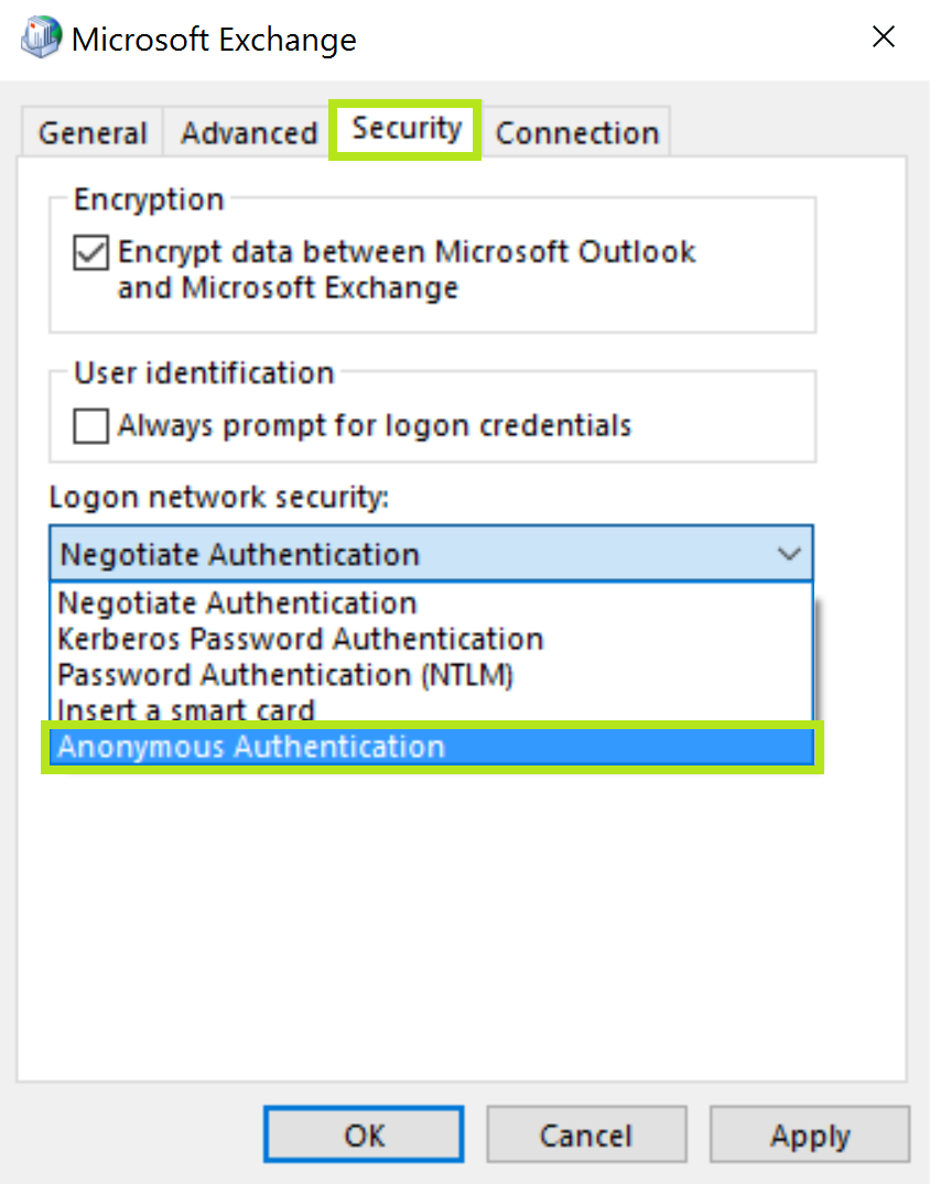 Set Microsoft Exchange security to anonymous authentication