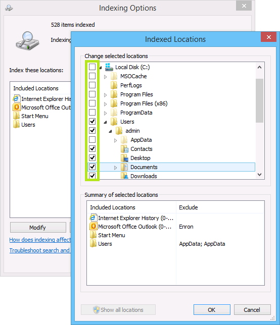 add indexed locations in windows 8