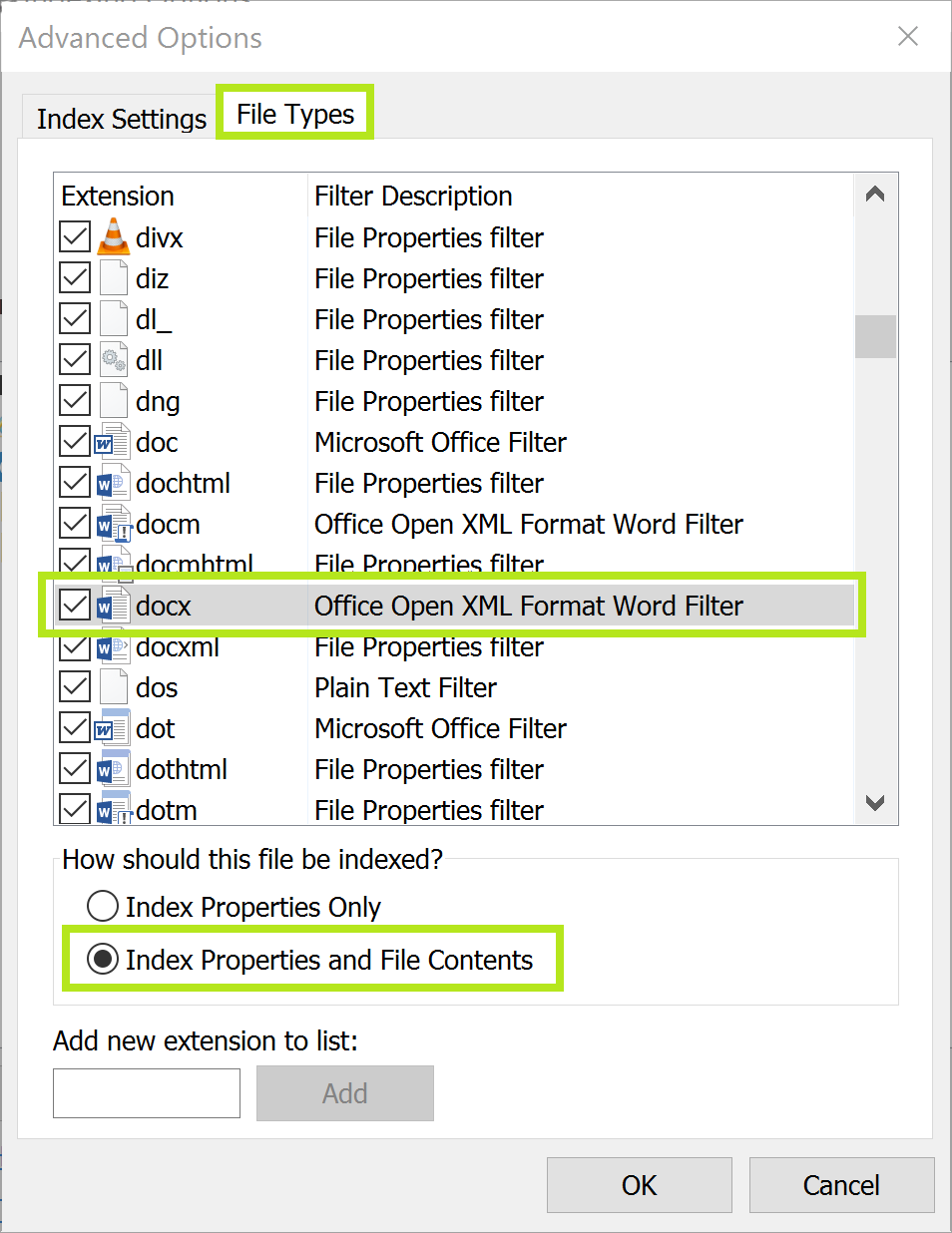 How do I set up indexing in Windows 10?