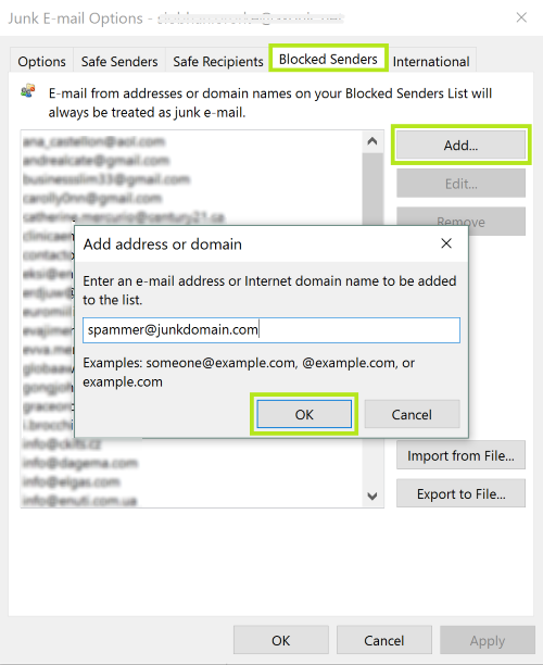 block a sender or domain in Outlook