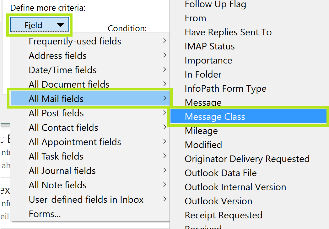 define message class search folder criteria outlook index