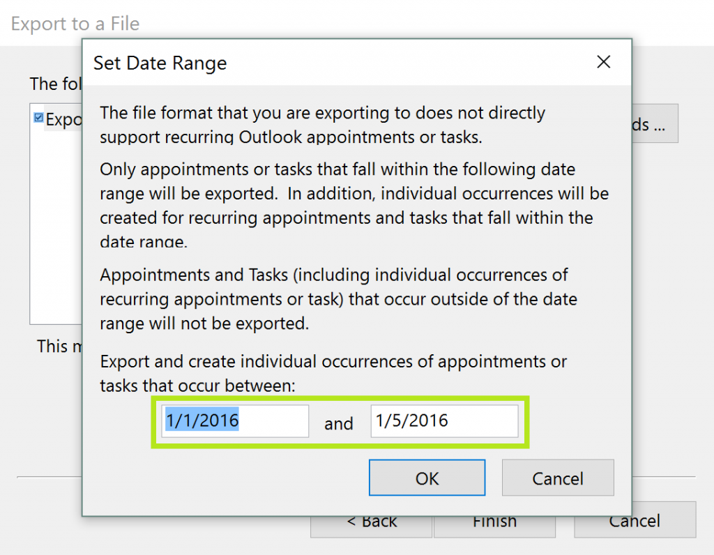 export calendar outlook dates