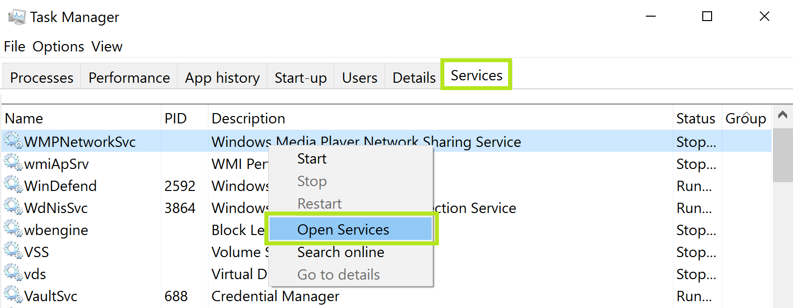 open services msc from task manager