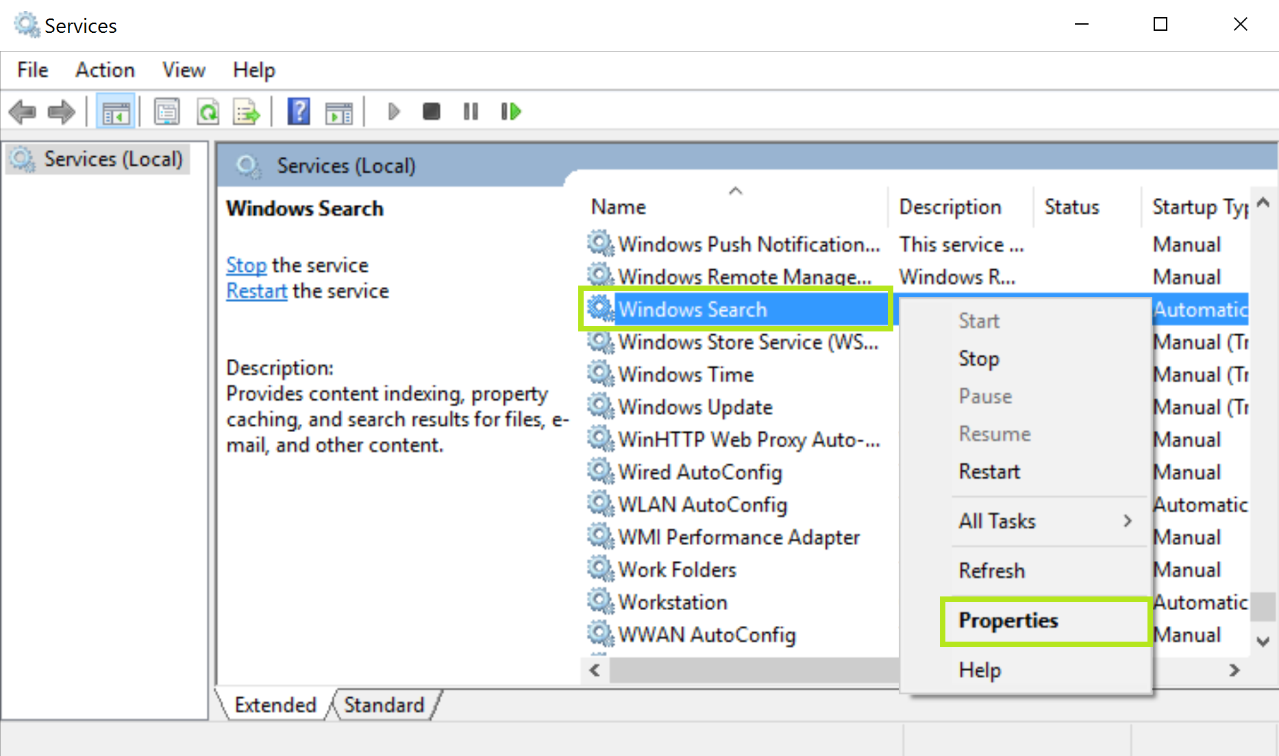 services msc disable windows search