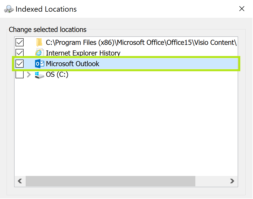 view indexed locations outlook