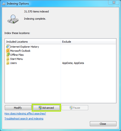 Windows 7 indexing options
