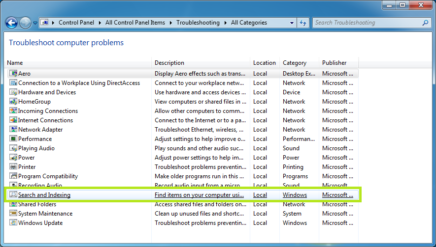 windows 7 search and indexing troubleshoot