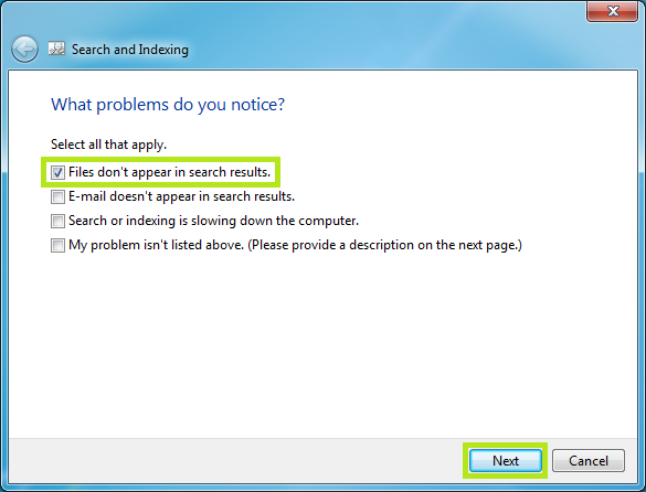 outlook 2007 indexing not working windows 7