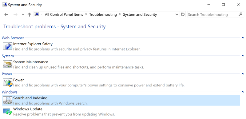 Windows Troubleshooter for Windows 10 search problems