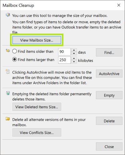 how to view mailbox size outlook