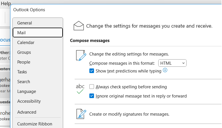 Outlook Options pop up window Mail section