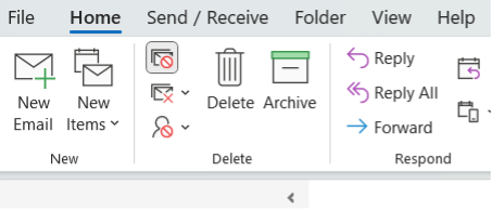 Screenshot of Delete section in Outlook with highlighted Ignore button.